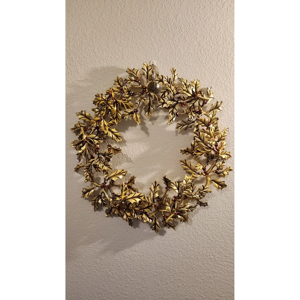 Vintage Mid Century Gold Molded Plastic Holly Wreath Red Berries Christmas 1960s